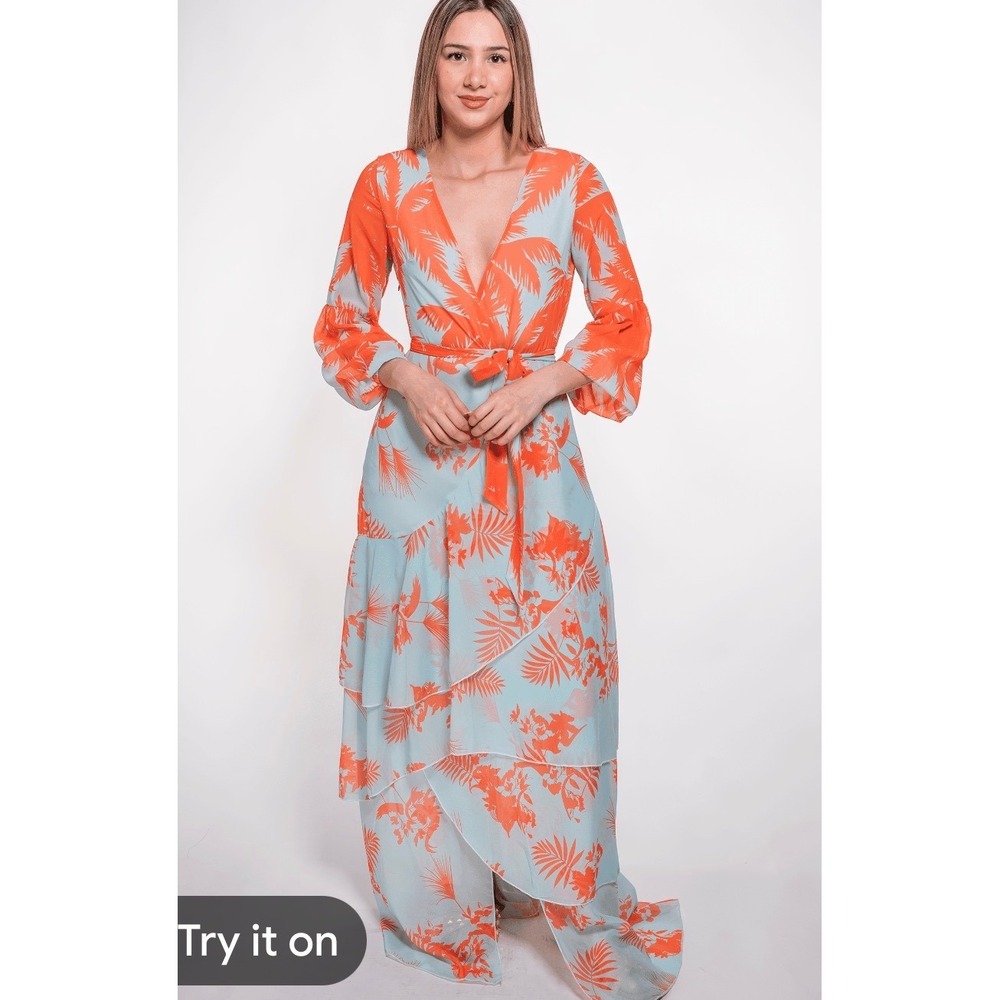Colorful flouncy Feminine Orange & Blue Unbranded Maxi Dress Size Medium